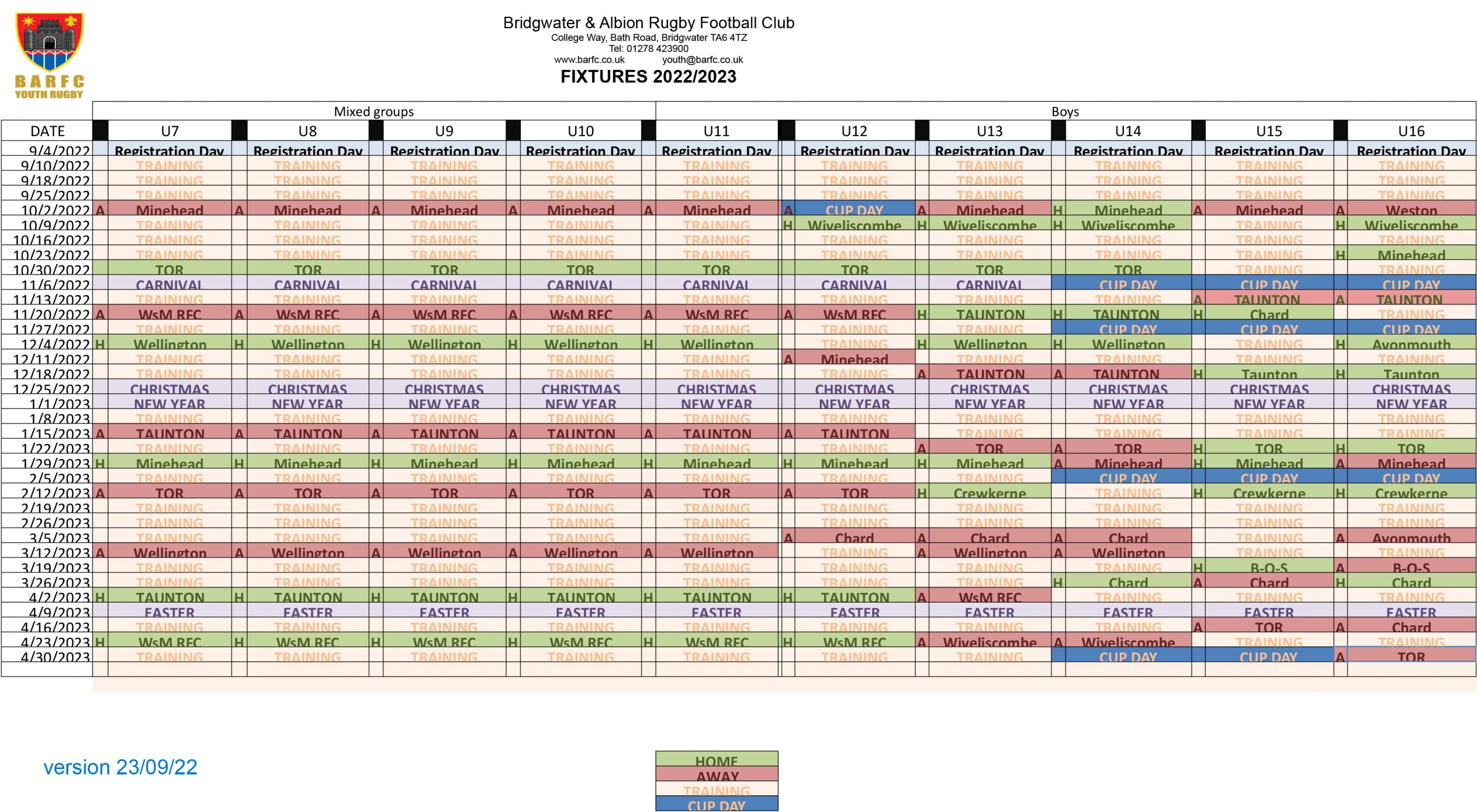 BARFC Fixtures 20222023 Bridgwater Rugby Bridgwater Rugby